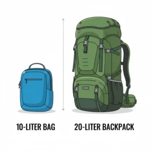 Visual comparison of a compact 10l bag next to a larger 20L backpack to demonstrate the size difference for day trips.