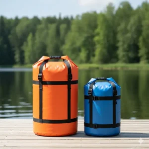 Comparison photo showing a 100l dry bag next to a standard 50L dry bag to illustrate the massive storage size.