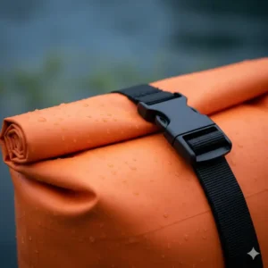 Close-up on the roll-top closure system of a waterproof 10l dry bag, showing the tight seal and sturdy buckle for maximum water protection.