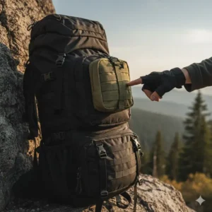 Side view of a small admin pouch attached securely to the front of a tactical backpack, illustrating its compact and low-profile size.