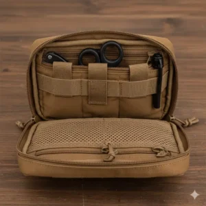 Inside view of a gp pouch showing internal elastic loops and pockets for organizing essential gear and medical supplies.
