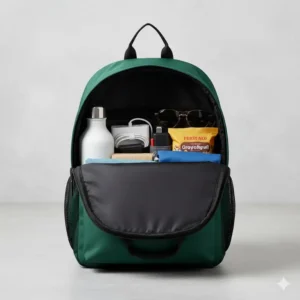 Internal view showing how essentials fit perfectly inside the 10 liter bag's main compartment.