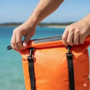 Close-up view of the 20l drybag's roll-top closure being sealed, highlighting the secure, airtight, and waterproof mechanism.