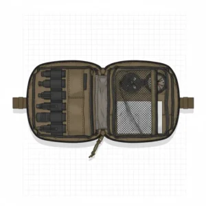 Inside view of the admin pouch, illustrating its elastic loops, internal pockets, and dividers for secure gear organization.