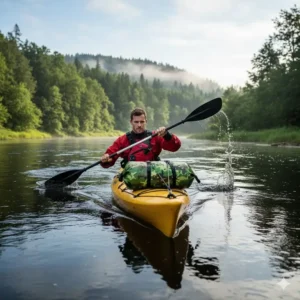 Man kayaking on a river with a brightly colored camouflage dry bag securely strapped to the bow, demonstrating water protection.