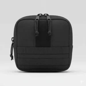 Close-up front view of a black molle admin pouch closed, highlighting the durable 1000D nylon fabric and vertical loop strip for patches.