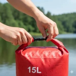 Close-up showing the roll-top closure method of a 15L dry bag, sealed correctly to ensure maximum waterproof protection for gear.
