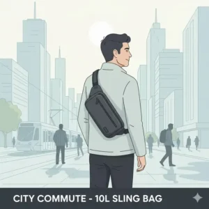 Stylish 10l sling bag carried across the chest by a person commuting in a city, perfect for carrying daily essentials.