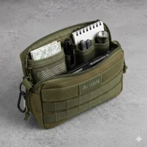 Close-up showing the well-organized interior of the small admin pouch, featuring elastic loops and zippered mesh pockets for storing pens and small tools.
