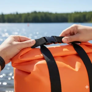 Close-up of the secure roll-top closure mechanism of a 100l dry bag, demonstrating how to achieve a waterproof seal.