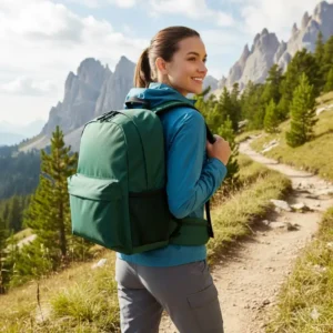 A hiker demonstrating the comfortable fit of the compact 10 liter bag on their back.