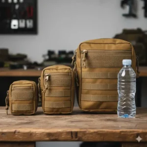 A lineup of three different gp pouch sizes (small, medium, and large) next to a water bottle for a clear size comparison.