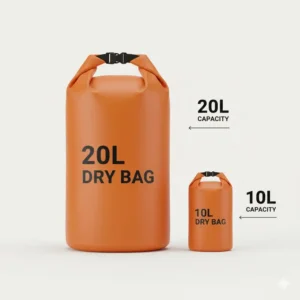 Comparison shot showing the size and capacity of a 20l drybag next to a smaller 10L model, demonstrating its generous storage volume.