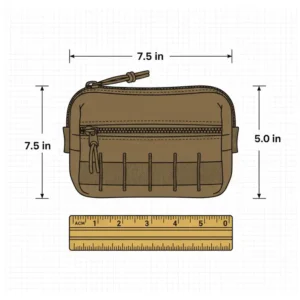 A size comparison image showing the compact dimensions of the admin pouch next to a standard ruler for reference.