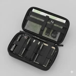 Interior organization of an open molle admin pouch, showing elastic loops, mesh pockets, and divider compartments for essential gear like pens and maps.