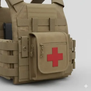 Individual First Aid Kit (IFAK) plate carrier pouches in coyote brown, securely mounted with MOLLE webbing, ready for emergency medical use.