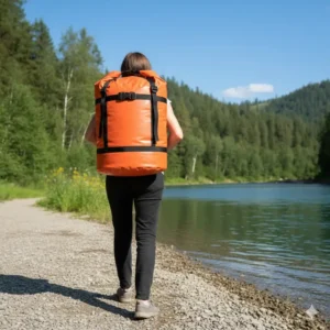 Image of a person comfortably carrying the 100l dry bag using its padded shoulder straps like a large backpack.