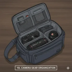 Interior view of a modular 10l camera bag showing how dividers organize a mirrorless camera and two lenses.