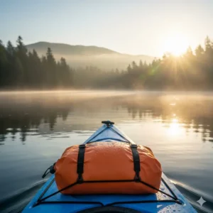 A blue 10l dry bag securely strapped to the deck of a kayak during a paddling trip, keeping electronics and gear dry.