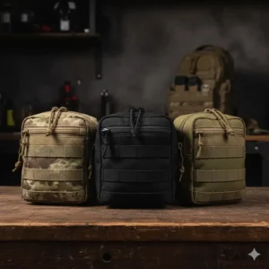 Various colored gp pouches—Multicam, black, and olive green—demonstrating color options for different environments.