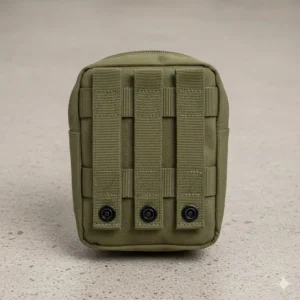 The reverse side of the small admin pouch, highlighting the durable MOLLE webbing and snap closures for secure attachment to belts or vests.