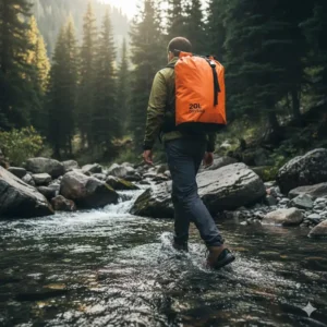 A hiker crossing a stream while comfortably carrying a 20l drybag with shoulder straps, illustrating its versatility as a durable outdoor pack.