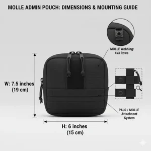 Diagram detailing the dimensions and size specifications for a standard molle admin pouch, helpful for fitting it to different backpack or vest setups.