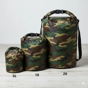 A visual comparison of three different capacity options (5L, 10L, 20L) of the camouflage dry bag, stacked side by side.