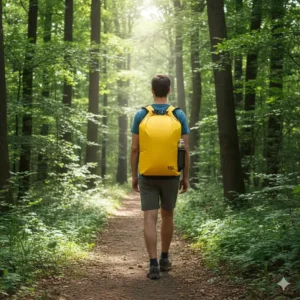 Person hiking with the 15L dry bag worn as a backpack, highlighting the comfortable, padded shoulder straps for hands-free transport.