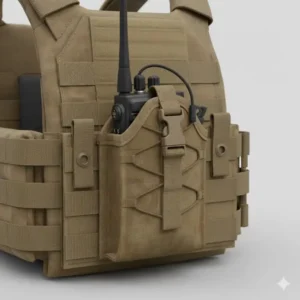 A rugged, adjustable radio from the collection of plate carrier pouches, securely holding a communication device on the side of a tactical vest.