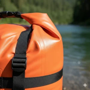 Detail shot showcasing the heavy-duty PVC material and welded seams of the 100l dry bag for maximum durability.