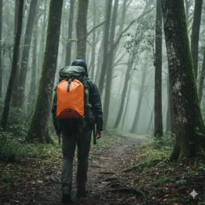Hiker with a 10l dry bag clipped onto their backpack, demonstrating how this lightweight gear protects valuables during a rainy hike.