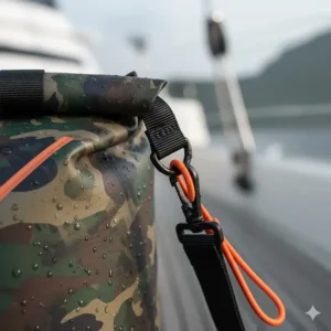 Detailed illustration showing the heavy-duty D-ring attachment point on the camouflage dry bag for securing it to a boat or backpack.