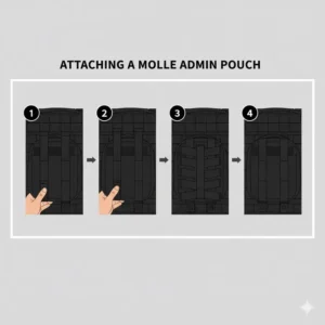 Step-by-step image showing how to correctly attach the molle admin pouch to a backpack using the PALS webbing and snap straps for a secure fit.