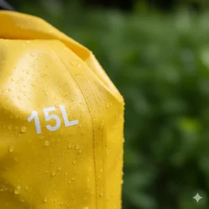 Detail shot of the heavy-duty PVC material and welded seams, emphasizing the durability and puncture-resistance of the 15L dry bag.