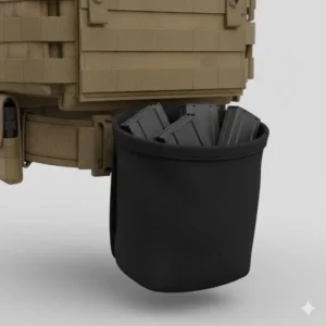 A large, collapsible roll-up dump pouch, one of many available plate carrier pouches, used for spent magazines and quick equipment storage.