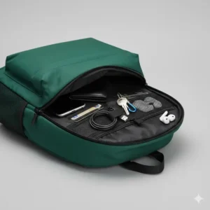 Detailed shot of the external zip pocket and organizational features of the 10 liter bag.