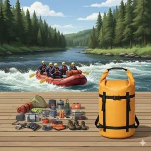 Gear organizer’s view showing all the camping and water sports equipment that easily fits inside the 100l dry bag.