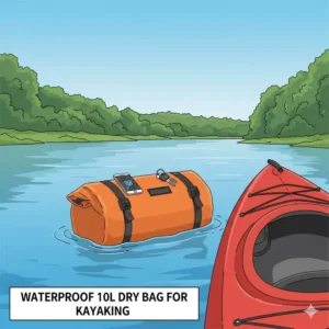 Close-up of a durable, waterproof 10l dry bag being used on a kayak trip to protect electronics and gear.