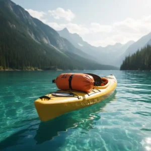 An orange 20l drybag secured with a strap on the deck of a kayak during a paddling trip, showing essential gear protection on the water.