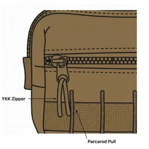 Detailed shot of the heavy-duty YKK zippers and paracord pulls on the primary compartment of the tactical admin pouch.