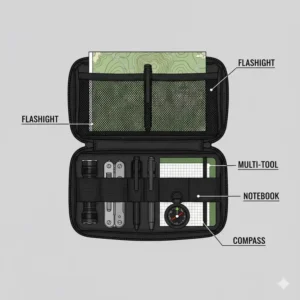 An example loadout of items stored inside the molle admin pouch, including a flashlight, multitool, notebook, and compass, demonstrating its organizational capacity.