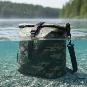 A clear image showing the camouflage dry bag partially submerged in water, proving its reliable waterproof capability.