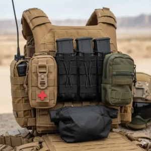 View of the back of a plate carrier with an integrated hydration carrier from the set of plate carrier pouches, designed to hold a water bladder.
