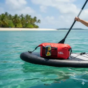 The 15L dry bag floating partially submerged next to a paddleboard, demonstrating its buoyancy and importance for storing electronics on the water.