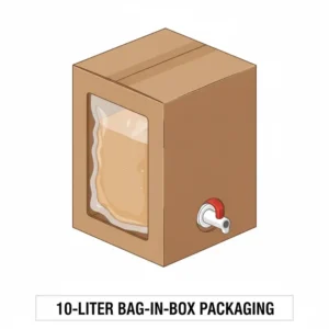 Diagram of a 10l bag-in-box liquid packaging solution with a spout, often used for wine or juice.