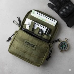 A flat-lay image showing the typical contents held within the small admin pouch, such as a notepad, pen, map, and small compass.