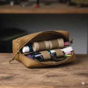 An organized first aid kit being stored specifically within a dedicated gp pouch, maximizing its accessibility and utility.