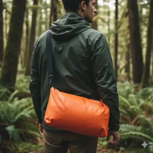 Person using the detachable shoulder strap to easily carry a 10l dry bag (sack), showing the convenience for hands-free transport.