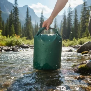 A bright yellow waterproof 10 liter bag floating on water to keep contents dry during kayaking.
